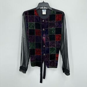 Vtg Bedford Fair Crushed Velvet Jacket Top 12 Black Purple Floral Sheer RenFaire